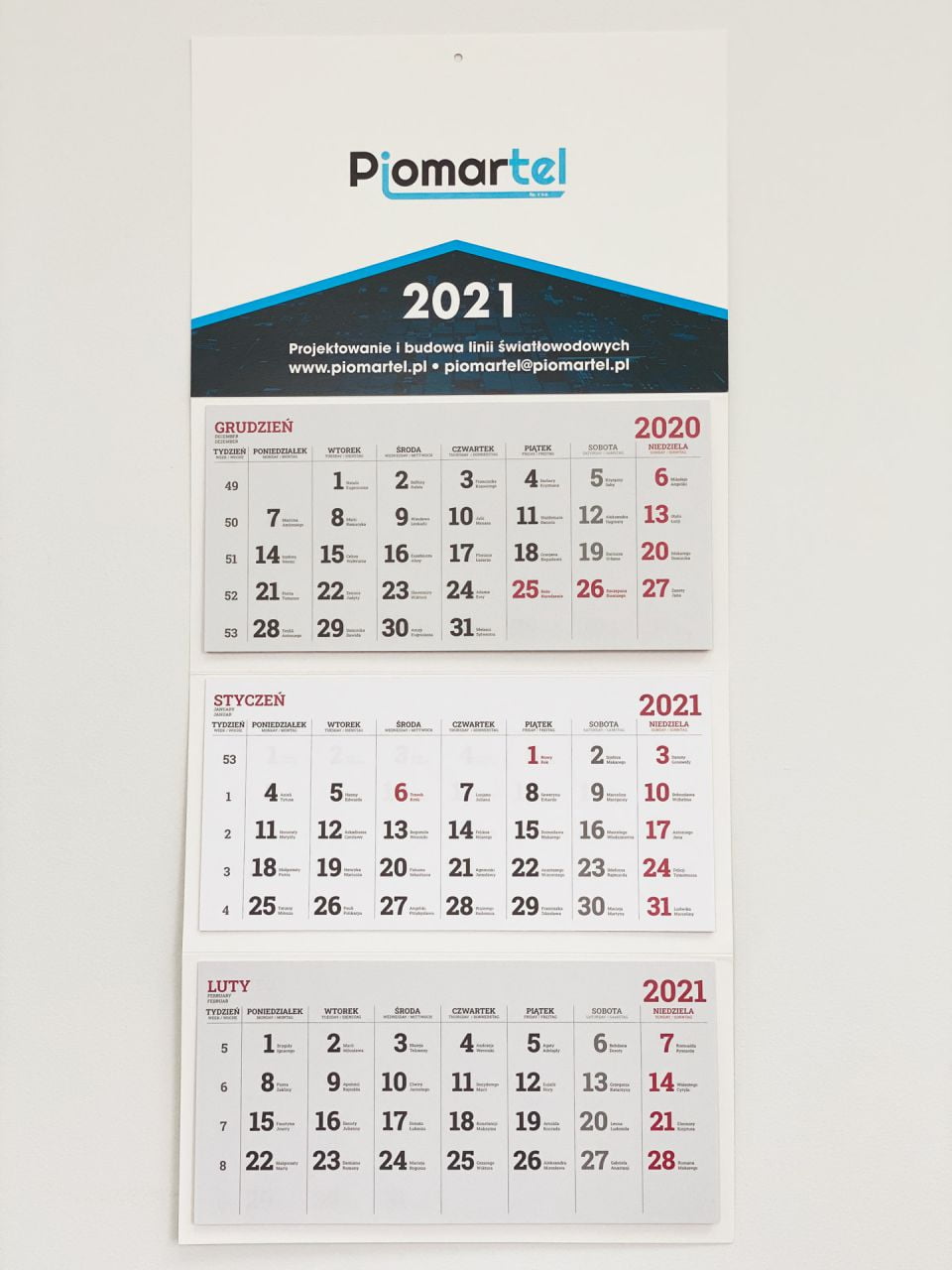 kalendarze trójdzielne z logo Piomartel