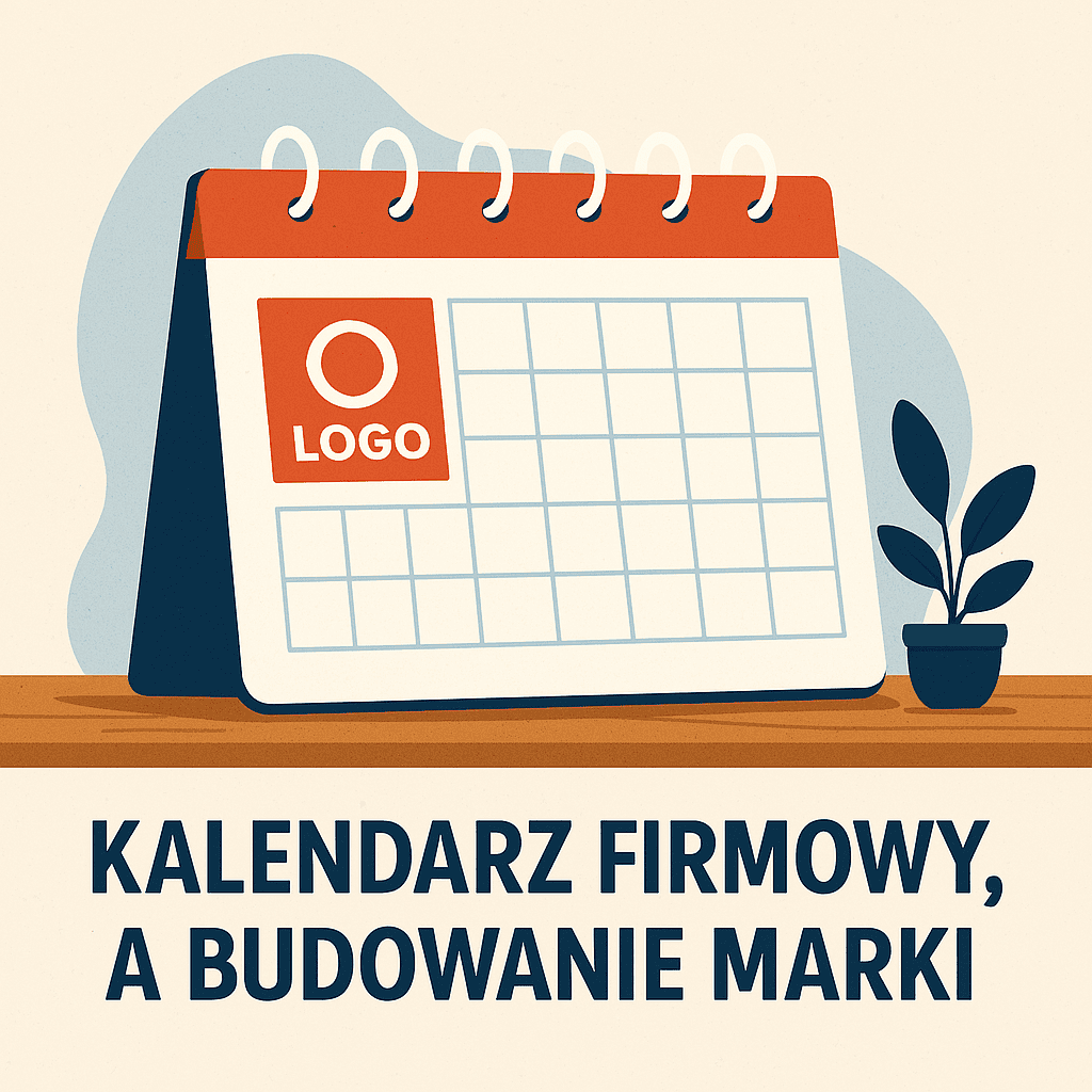 Kalendarz firmowy na biurku z rośliną, hasło 'Kalendarz firmowy a budowanie marki' – branding i identyfikacja wizualna firmy