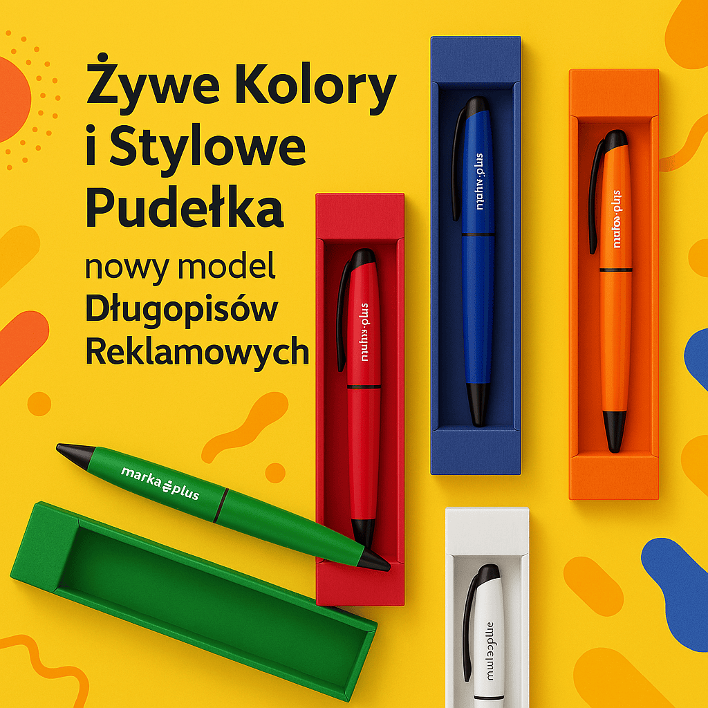 Kolorowe długopisy reklamowe z logo Marka Plus w dopasowanych pudełkach prezentowych – nowy model gadżetów reklamowych idealnych na targi i eventy