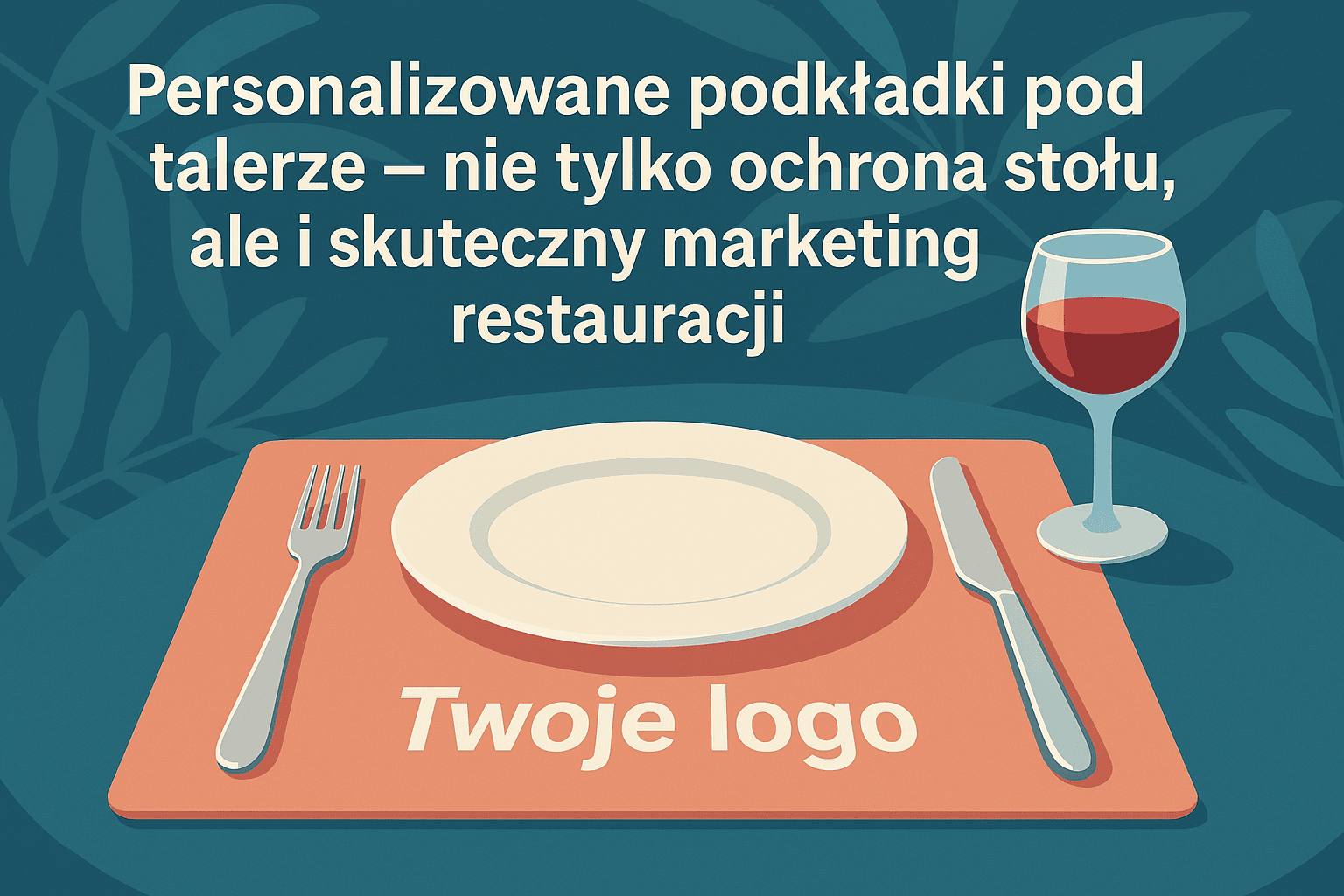 Ilustracja stołu restauracyjnego z personalizowaną prostokątną podkładką w kolorze brzoskwiniowym z napisem 'Twoje logo'