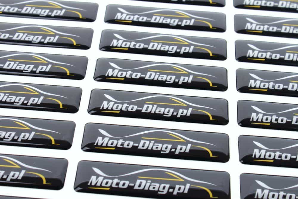 prostokątne naklejki żywiczne z logo moto-diag.pl